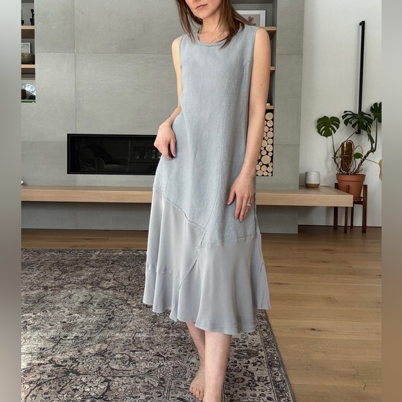 Vintage Dresses & Skirts - 100% linen with silk patchwork hem Light Gray Midi Dress
